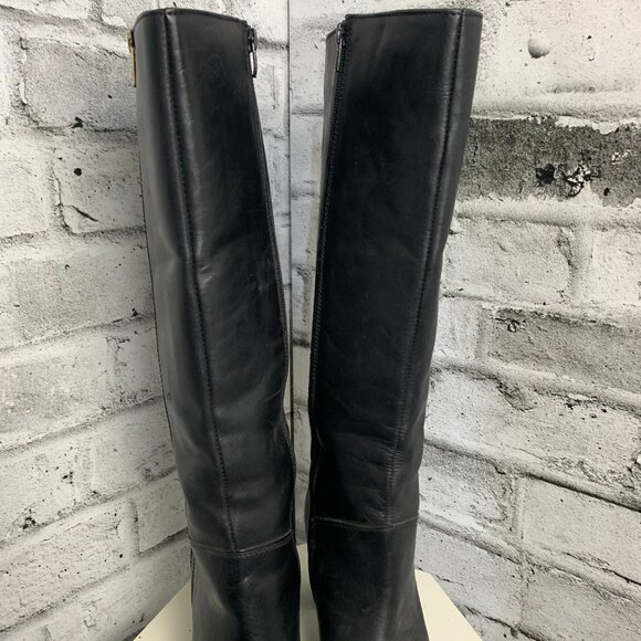 Vintage Black Leather Exposed Gold Zipper Block Heel Knee High Tall Boots - Picture 5 of 10